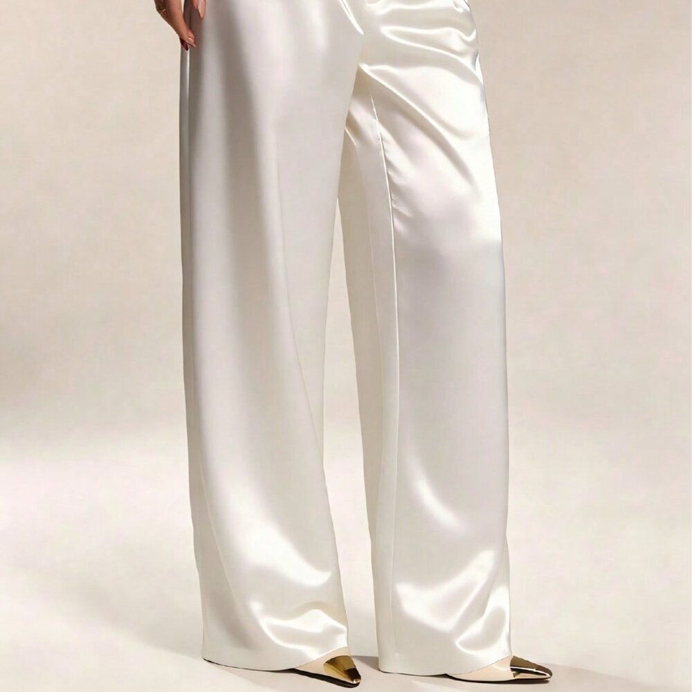 White Elegant Women's Satin Silk Pants with Pockets and Zipper - Picture 3 of 4